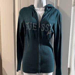 Guess Teal Rhinestone Logo Zip-Up Hoodie